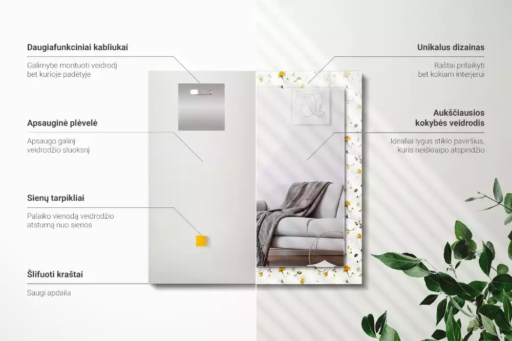 Espejo rectangular estampado Patrón de flores y hojas