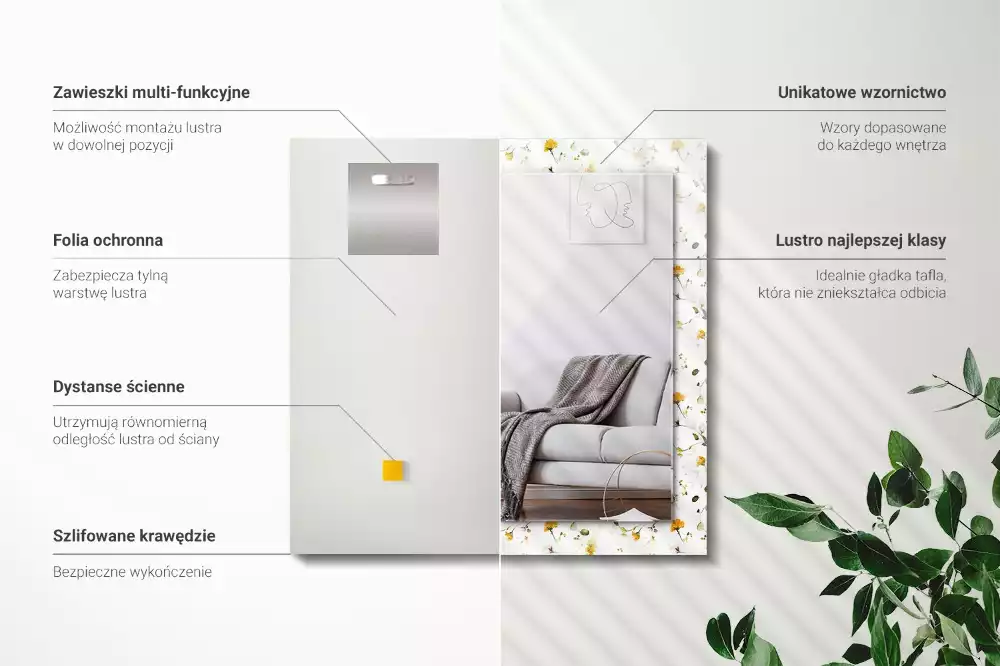 Espejo rectangular estampado Patrón de flores y hojas