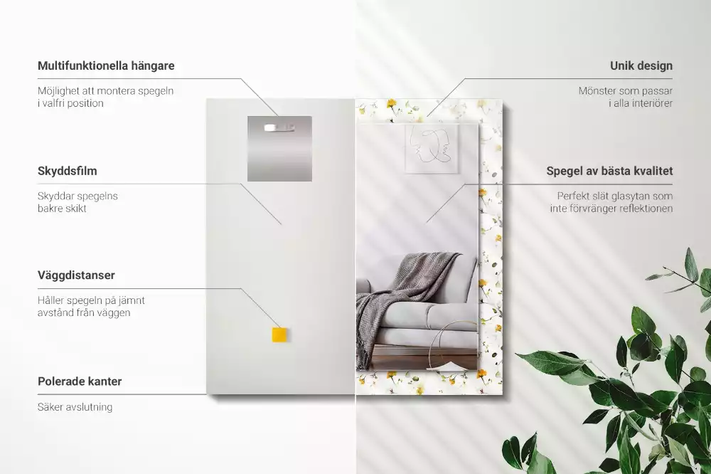 Espejo rectangular estampado Patrón de flores y hojas