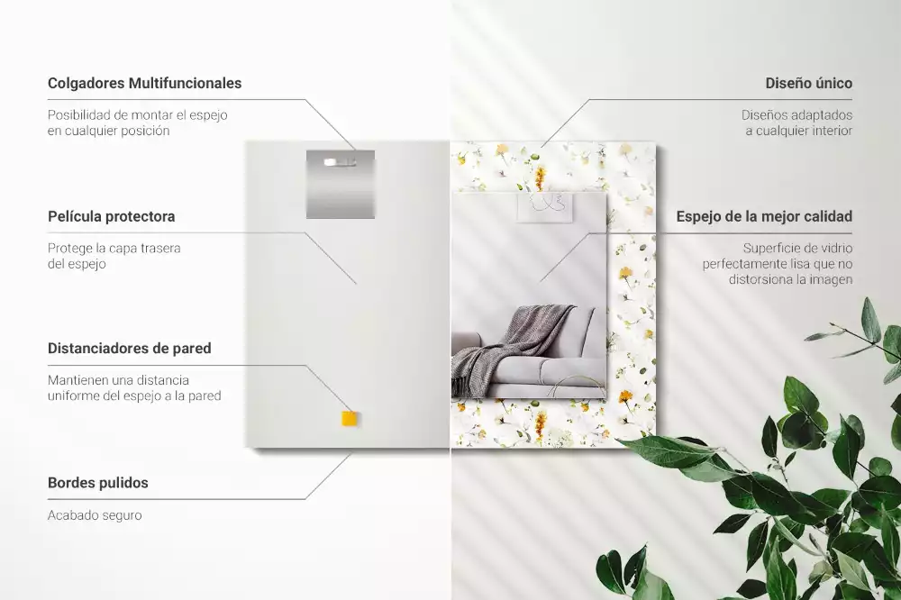 Espejo rectangular estampado Patrón de flores y hojas