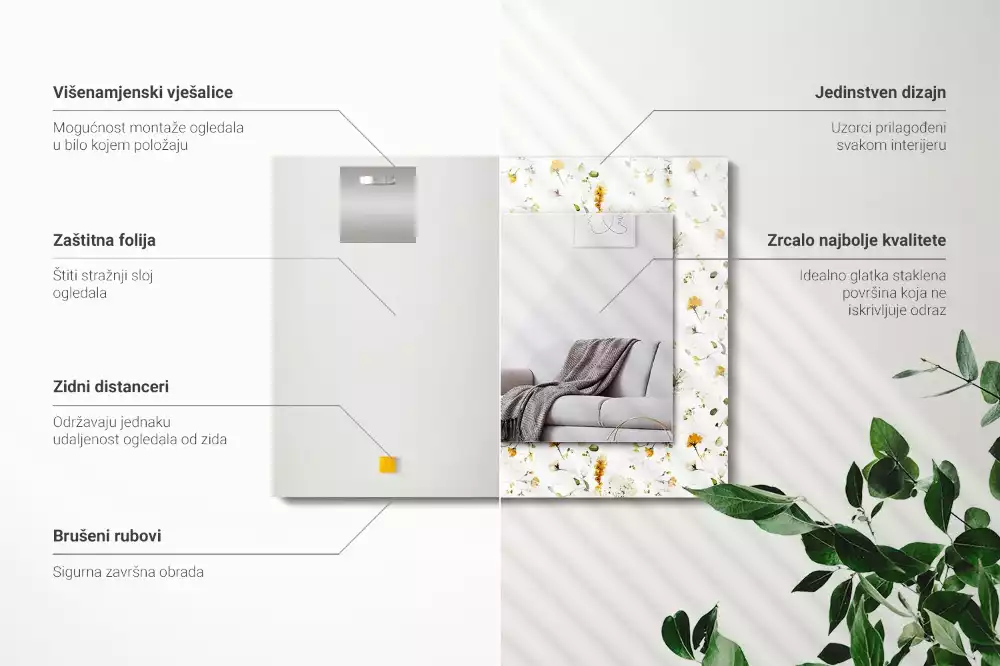 Espejo rectangular estampado Patrón de flores y hojas