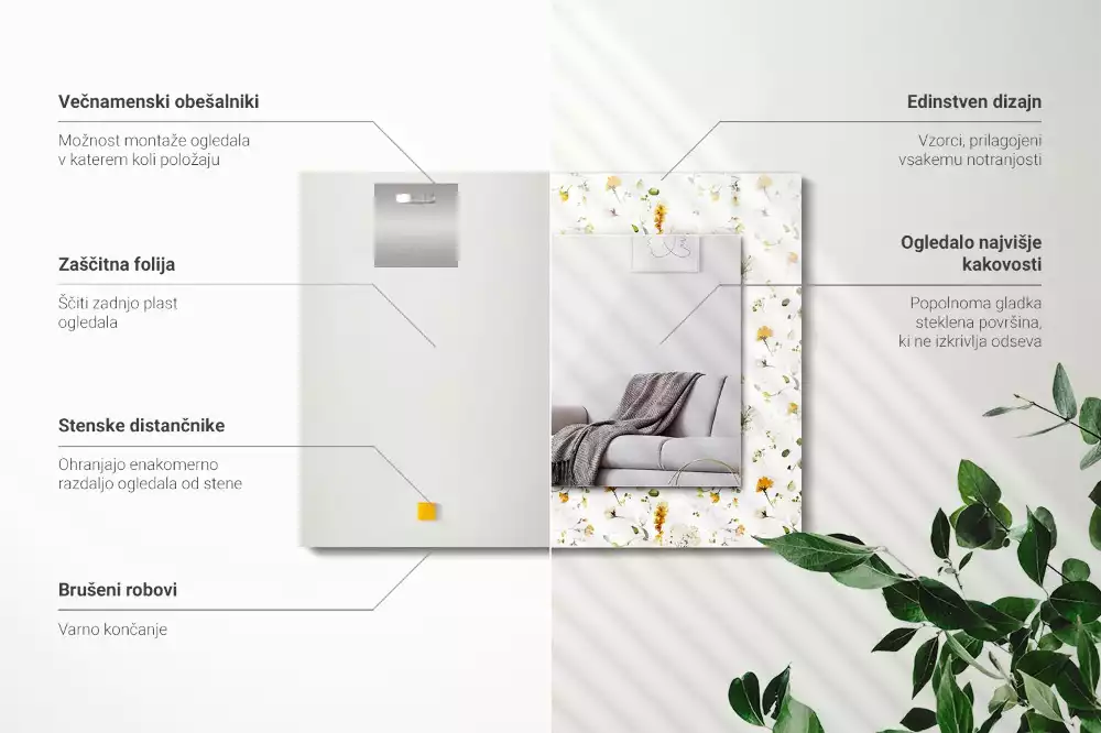 Espejo rectangular estampado Patrón de flores y hojas