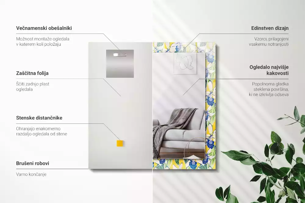 Espejo rectangular impreso Flores y hojas