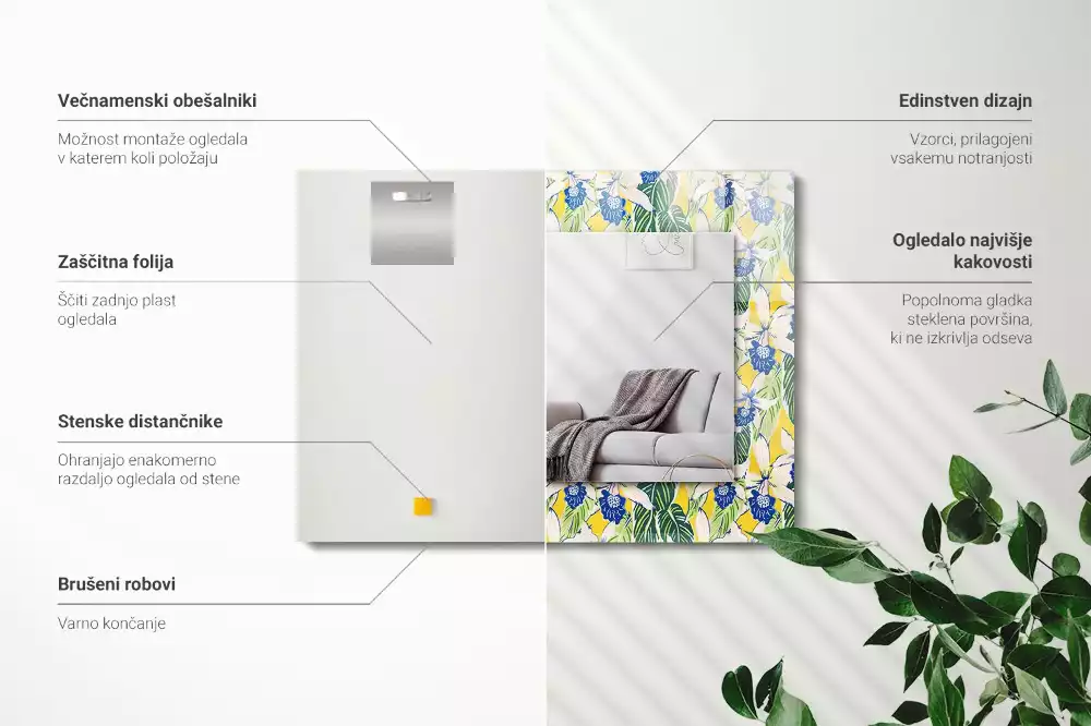 Espejo rectangular impreso Flores y hojas