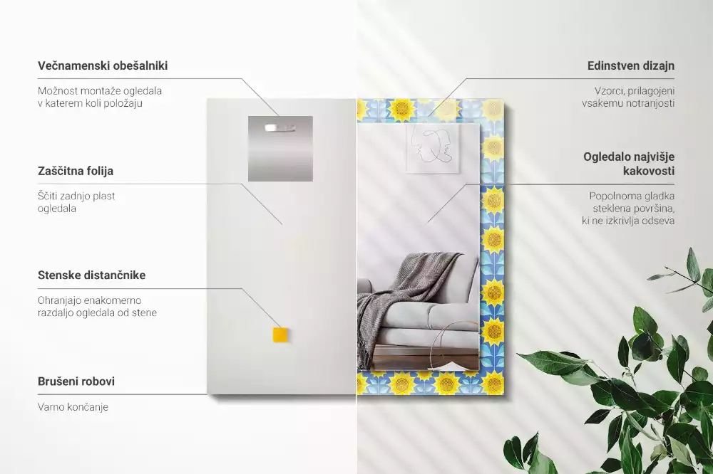 Espejo rectangular impreso Patrón de hojas de girasoles