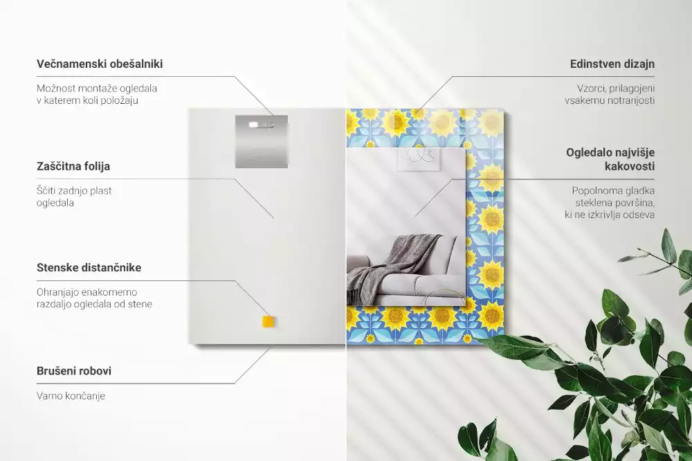 Espejo rectangular impreso Patrón de hojas de girasoles