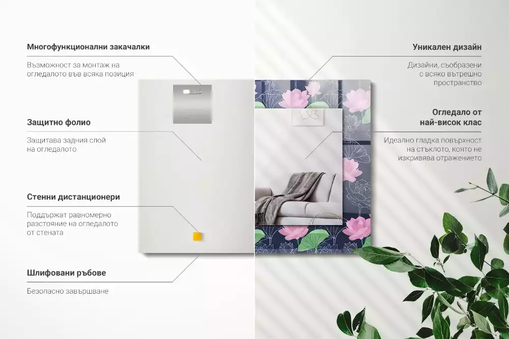 Espejo rectangular estampado flores de loto rosas