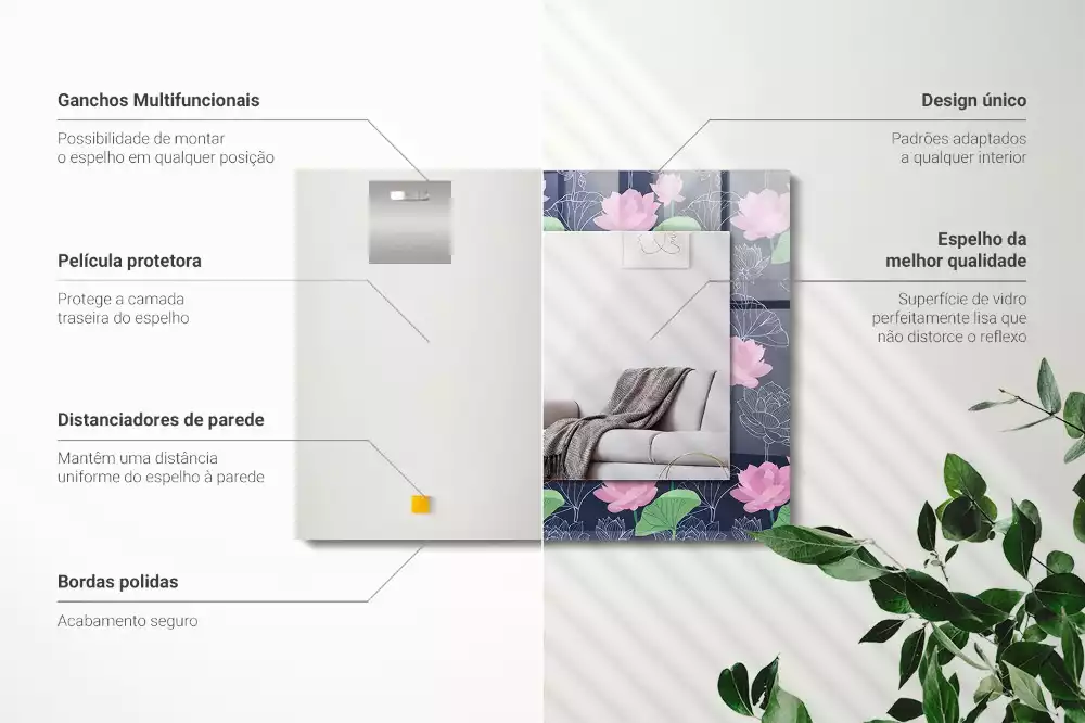 Espejo rectangular estampado flores de loto rosas