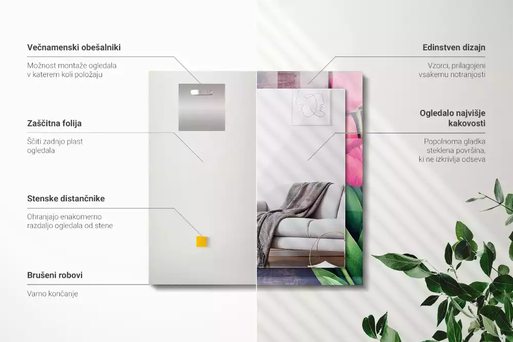 Espejo rectangular impreso Tulipanes rosados de madera