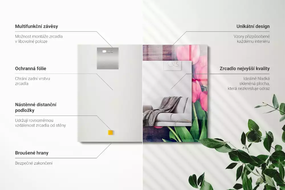 Espejo rectangular impreso Tulipanes rosados de madera