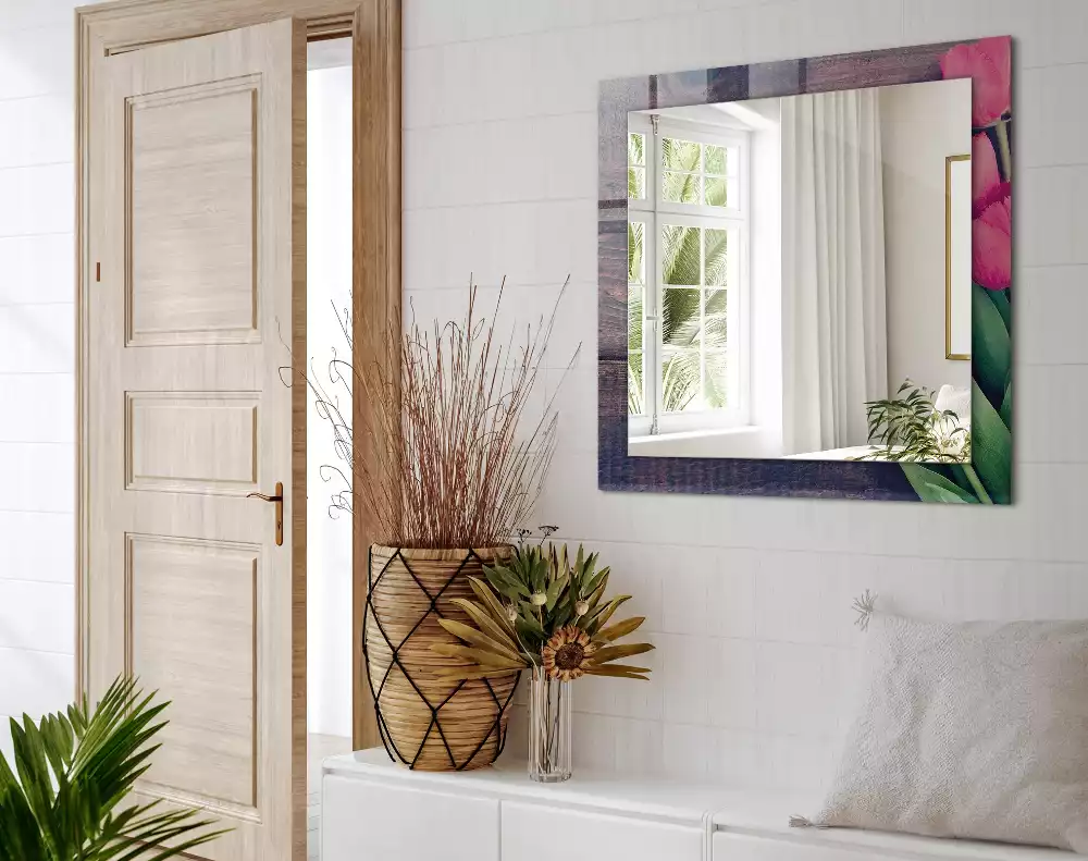 Espejo rectangular impreso Tulipanes rosados de madera