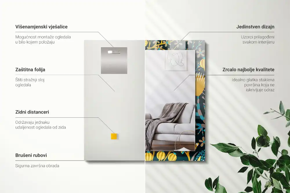 Espejo rectangular impreso Patrones de flores y hojas