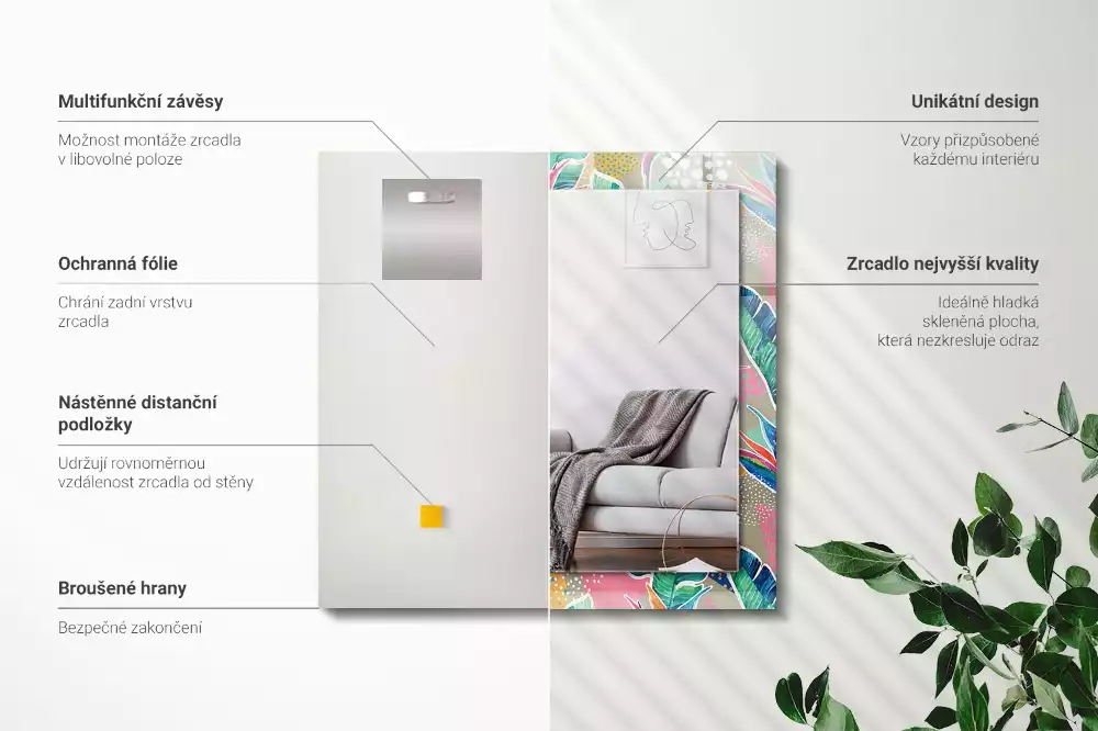 Espejo rectangular impreso Flores y hojas