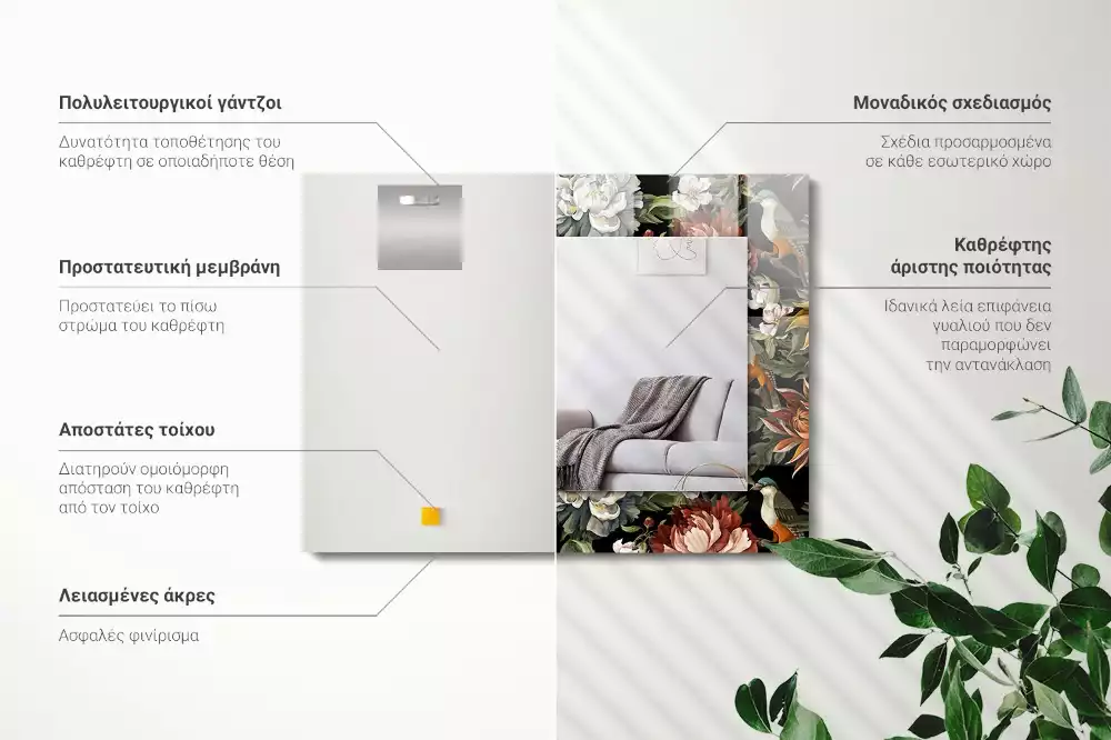 Espejo rectangular impreso Flores y pájaros