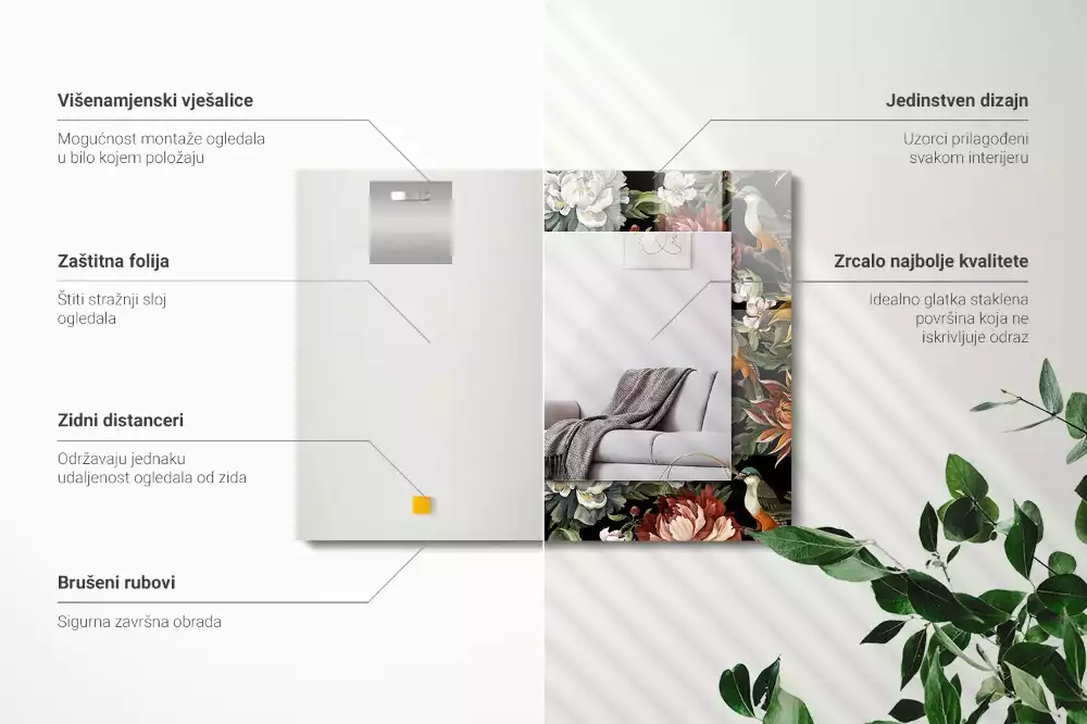 Espejo rectangular impreso Flores y pájaros