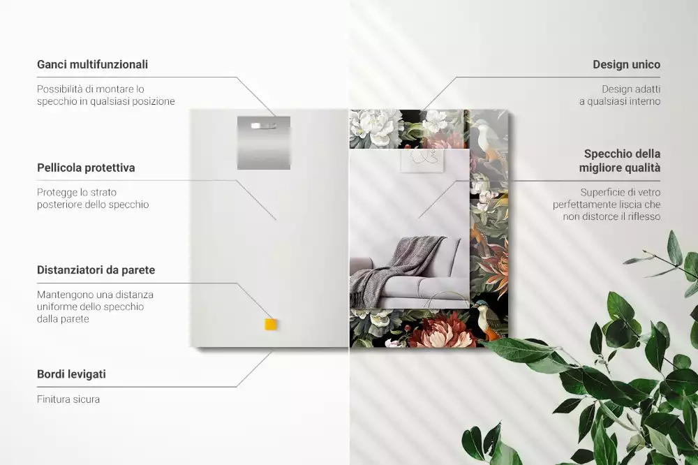 Espejo rectangular impreso Flores y pájaros