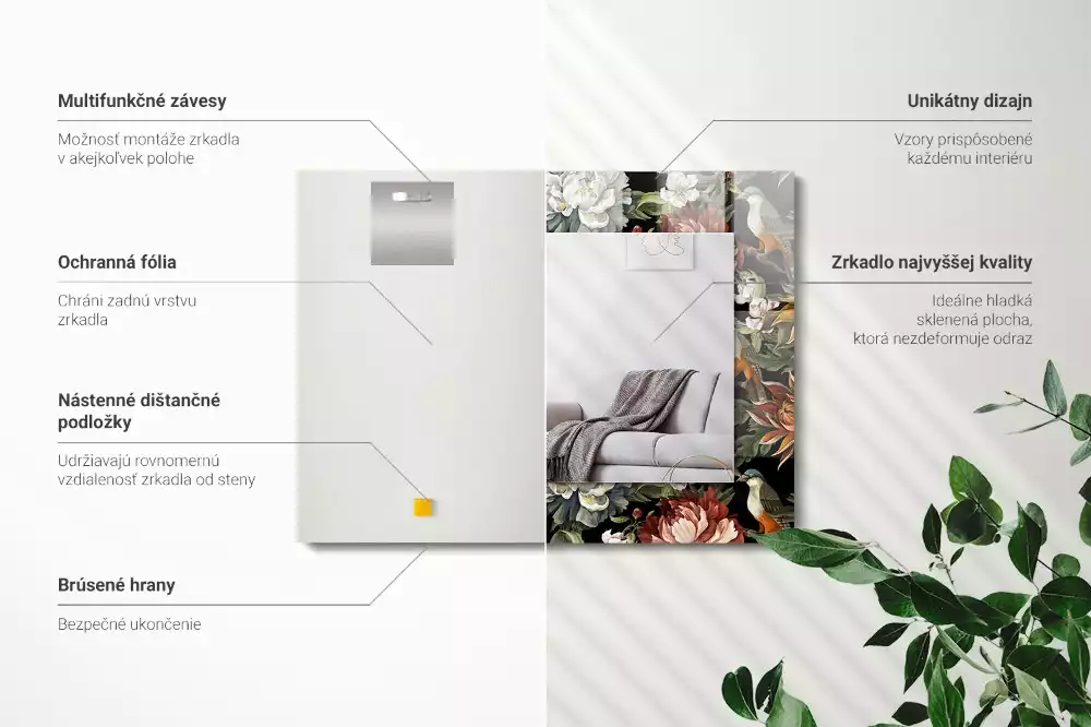 Espejo rectangular impreso Flores y pájaros