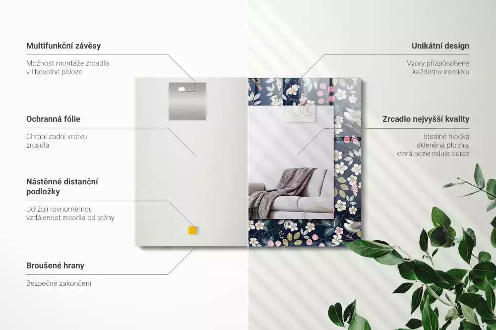 Espejo rectangular impreso Flores hojas pájaros