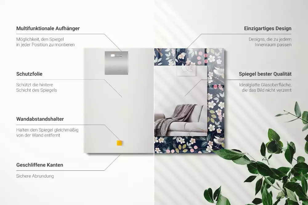 Espejo rectangular impreso Flores hojas pájaros