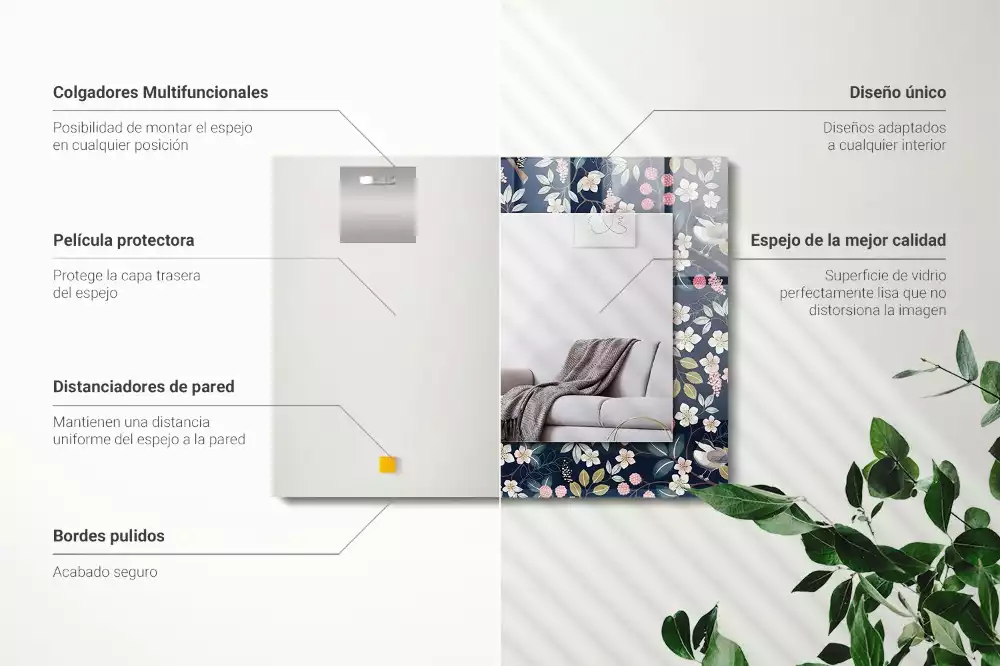 Espejo rectangular impreso Flores hojas pájaros