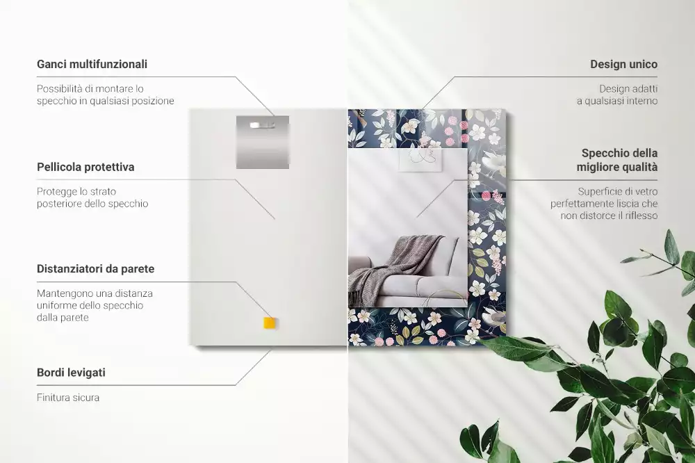 Espejo rectangular impreso Flores hojas pájaros