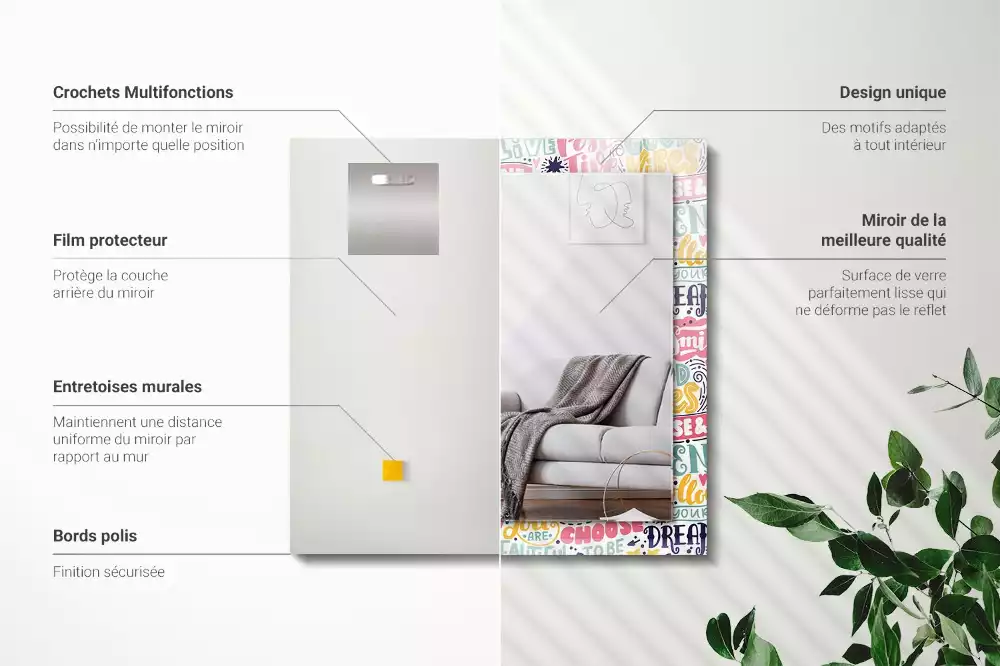 Espejo rectangular estampado Inscripciones motivacionales coloridas