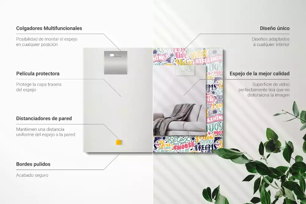 Espejo rectangular estampado Inscripciones motivacionales coloridas