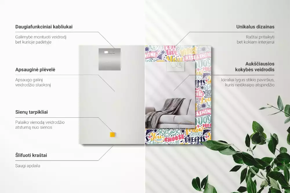 Espejo rectangular estampado Inscripciones motivacionales coloridas