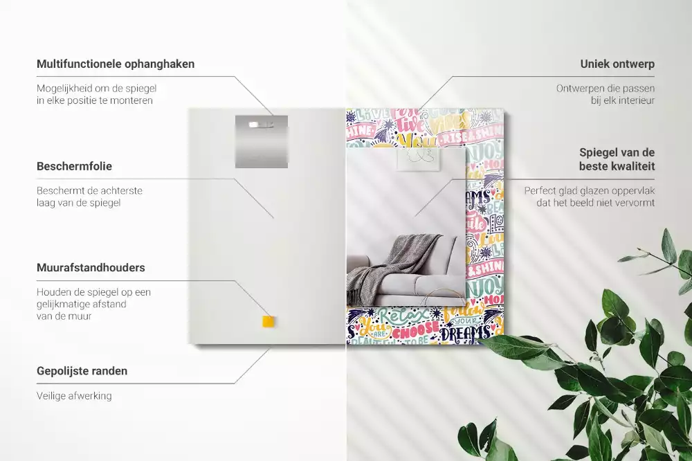 Espejo rectangular estampado Inscripciones motivacionales coloridas