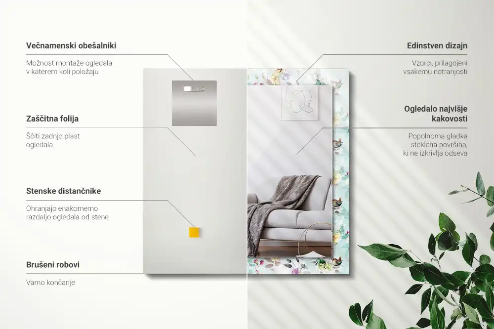 Espejo rectangular impreso Floral y pájaros