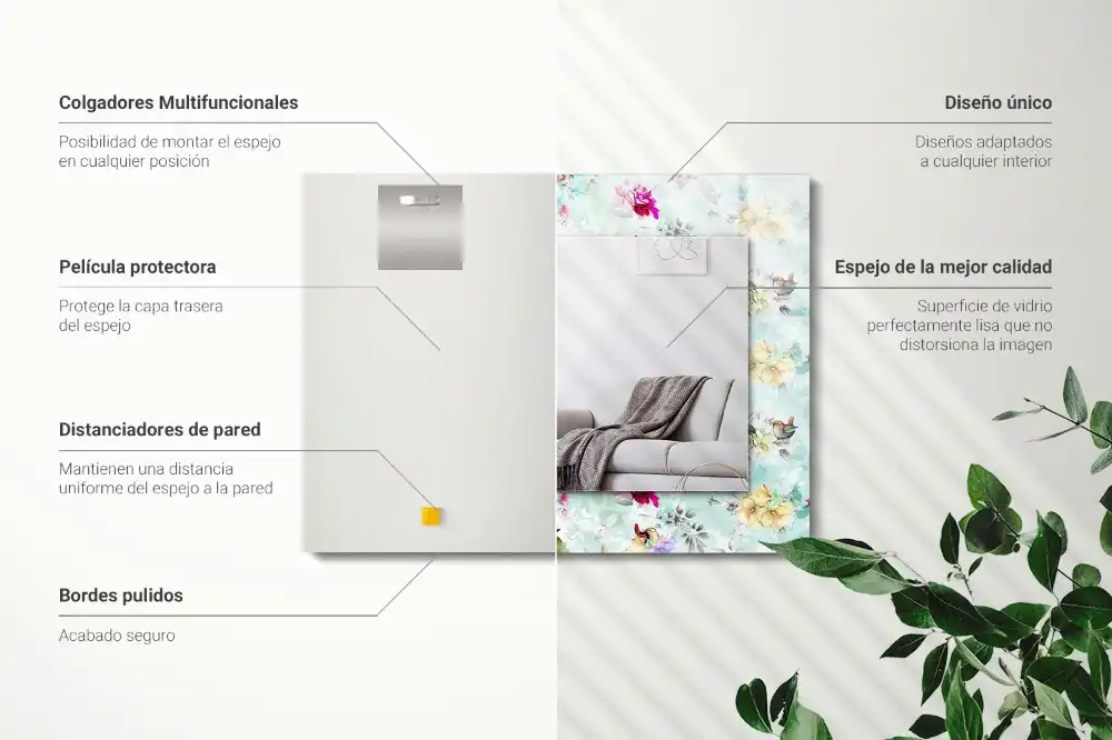 Espejo rectangular impreso Floral y pájaros