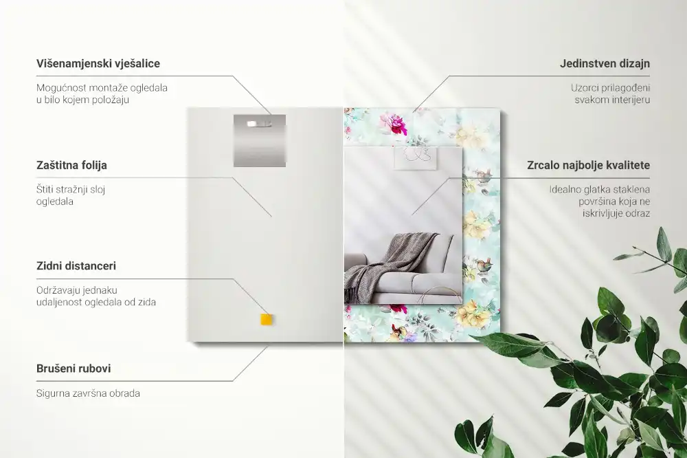 Espejo rectangular impreso Floral y pájaros