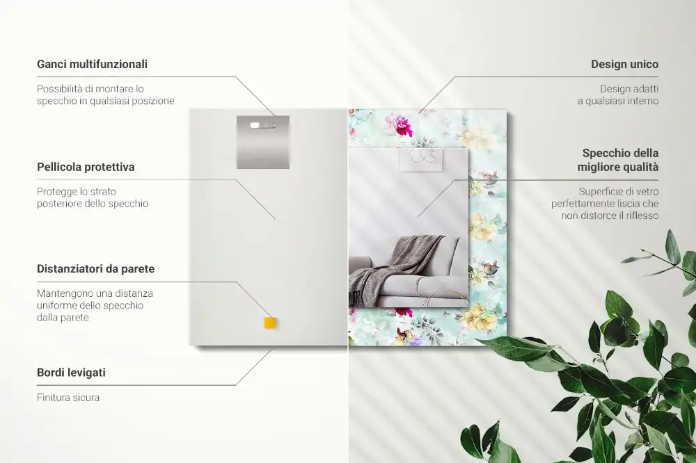 Espejo rectangular impreso Floral y pájaros