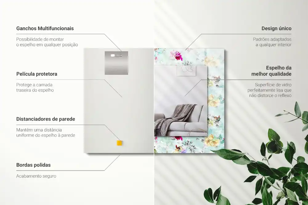 Espejo rectangular impreso Floral y pájaros