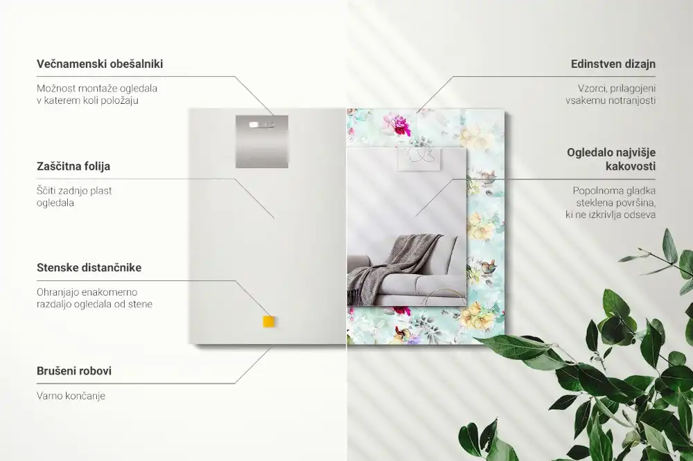 Espejo rectangular impreso Floral y pájaros