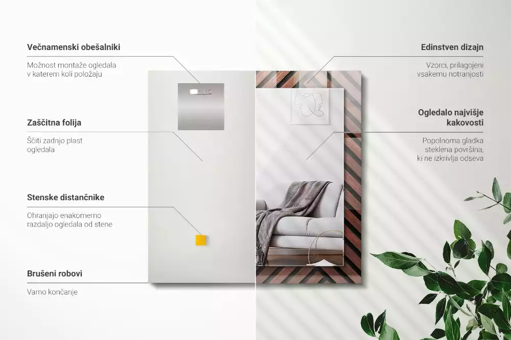 Espejo rectangular impreso Tiras diagonales de madera