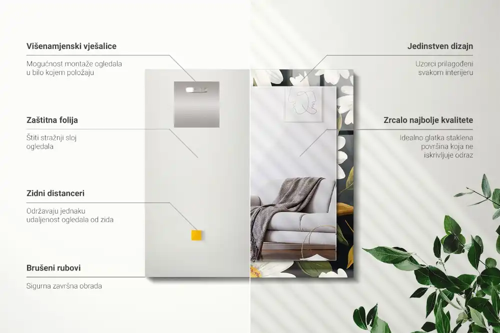 Espejo rectangular estampado Hojas de margarita blanca