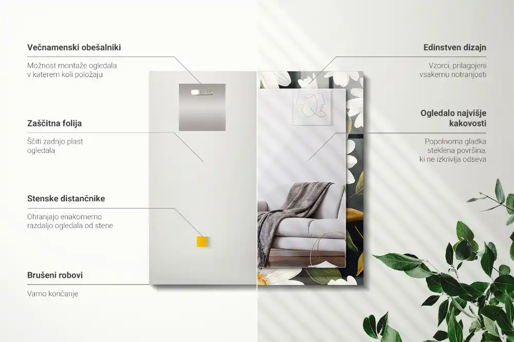 Espejo rectangular estampado Hojas de margarita blanca