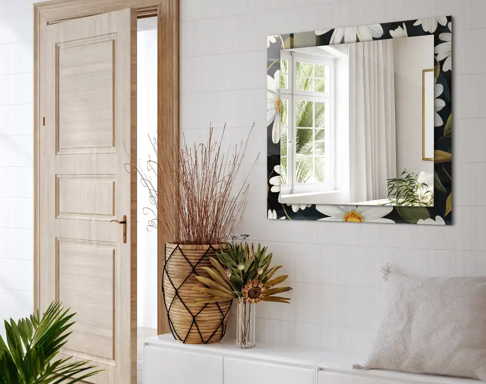 Espejo rectangular estampado Hojas de margarita blanca