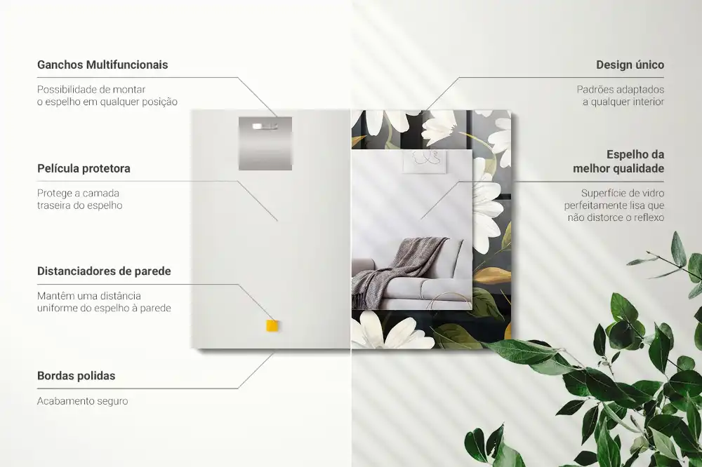 Espejo rectangular estampado Hojas de margarita blanca