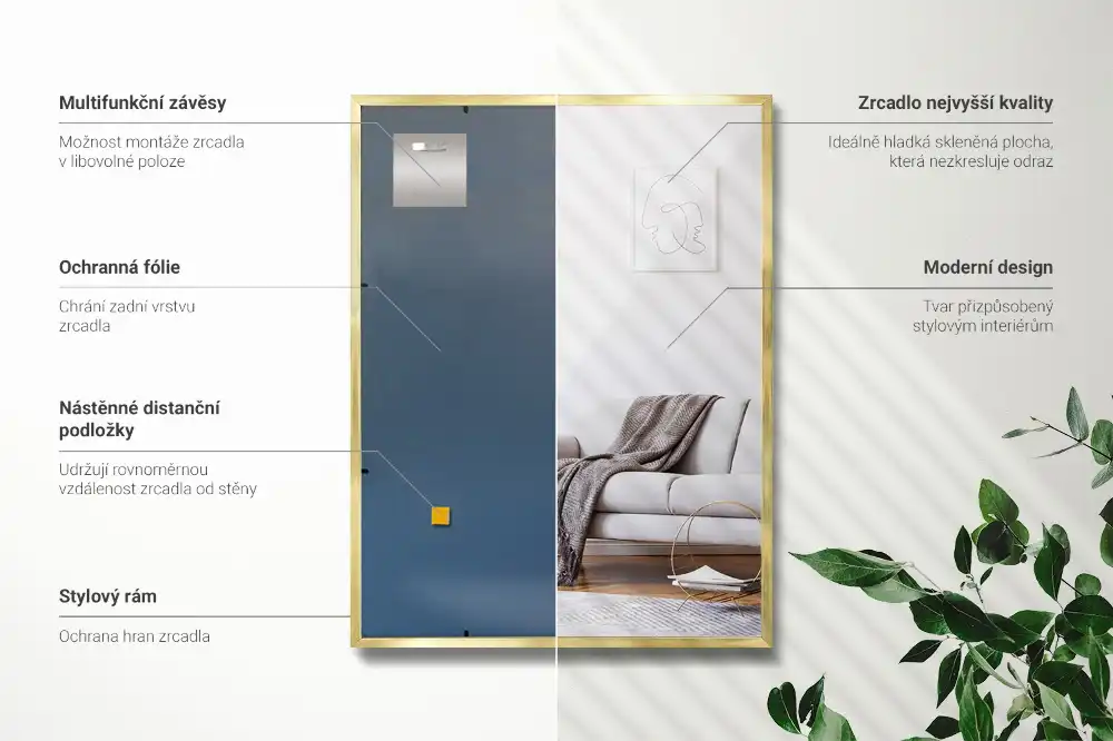 Espejo rectangular con marco dorado para colgar